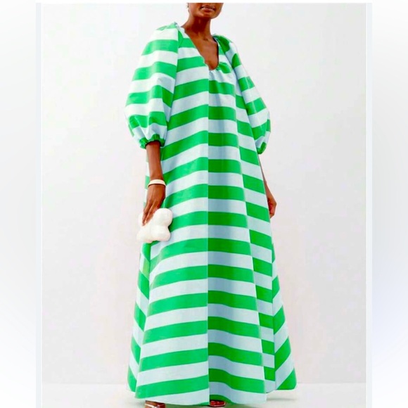 Dresses & Skirts - Gorgeous boho maxi dress green striped floor length cotton maid Cottagecore